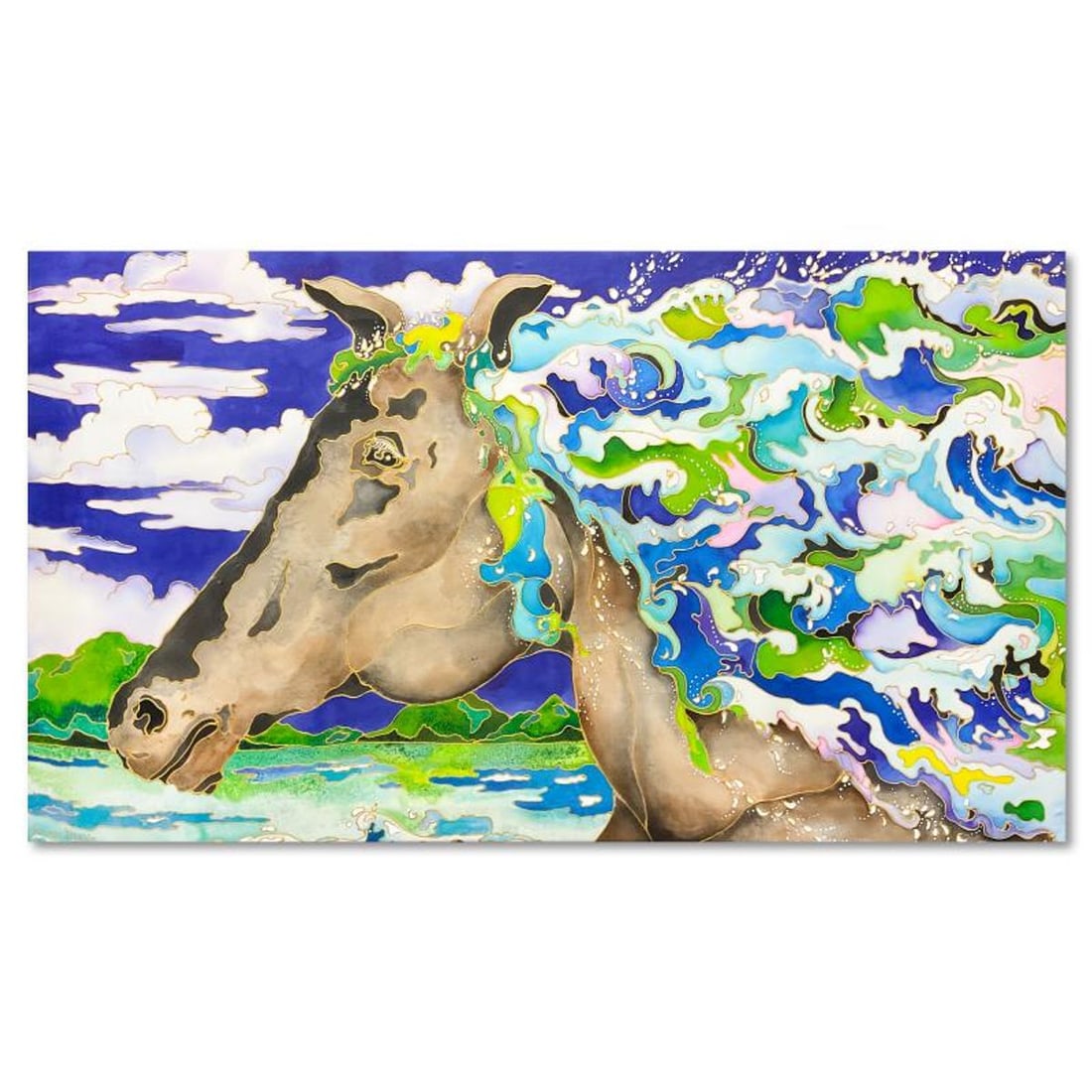Linnea Pergola, "Wavy Mane II" Original Painting on Silk, Hand Signed with Letter of Authenticity.: Wavy Mane II is an original painting, mixed media on stretched silk, by Linnea Pergola. The piece is hand signed by the artist and comes with a letter of authenticity. Measures approximately 23" x