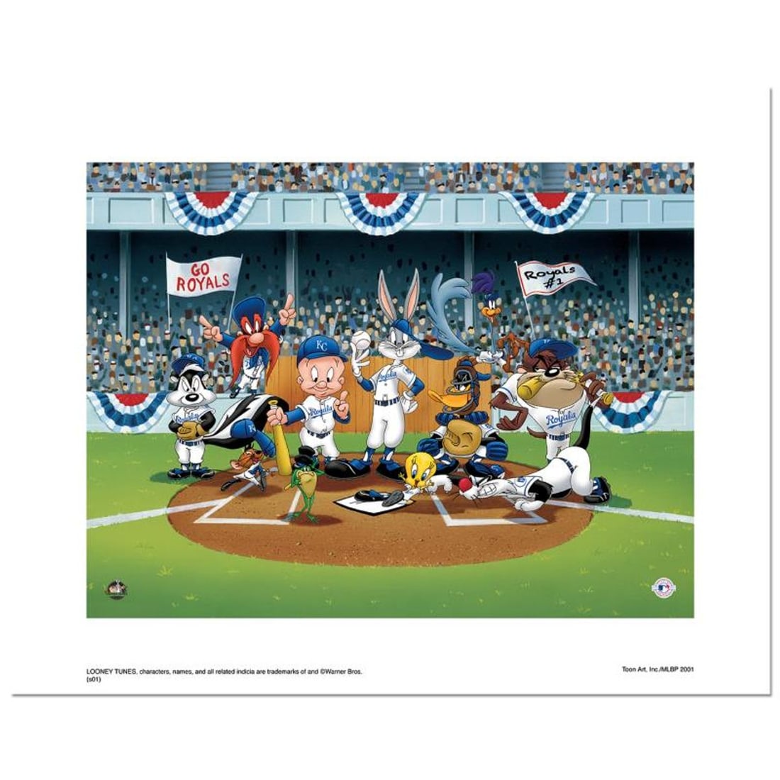 Line Up At The Plate (Royals) is a Limited Edition Giclee from Warner Brothers with Hologram Seal: Line Up At The Plate (Royals) is a limited edition giclee on paper from Warner Brothers featuring iconic Looney Tunes characters in Kansas City Royals MLB uniforms. It comes numbered, with hologram se