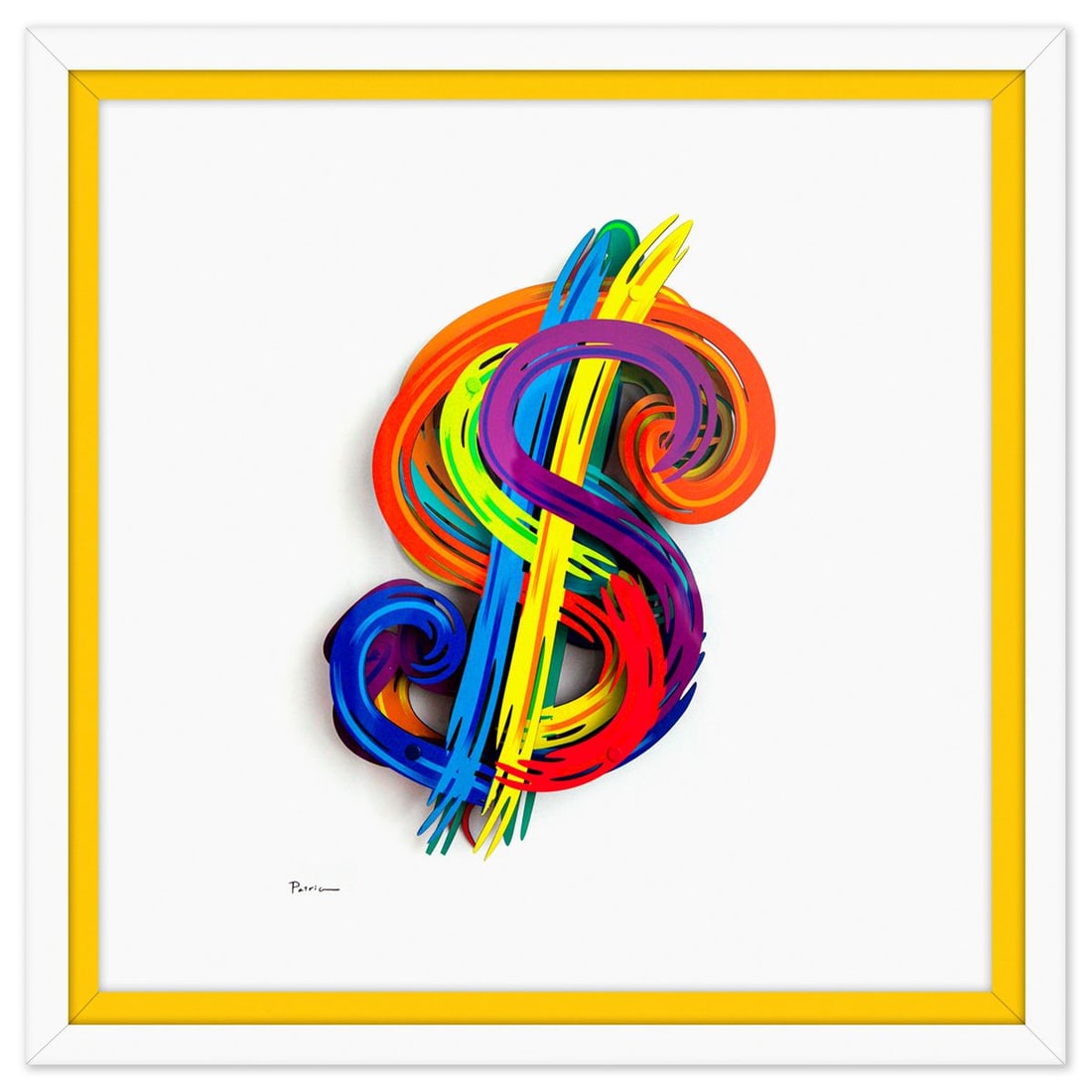 Patricia Govezensky- 3D Multilayered Woodcut "$": Artist: Patricia Govezensky. Medium: 3D Multilayered Woodcut. Title: $. Size: 13" x 10". Measures approx. 20" x 20" (framed). Signature: Hand Signed by the artist. Certificate of Authenticity: Is