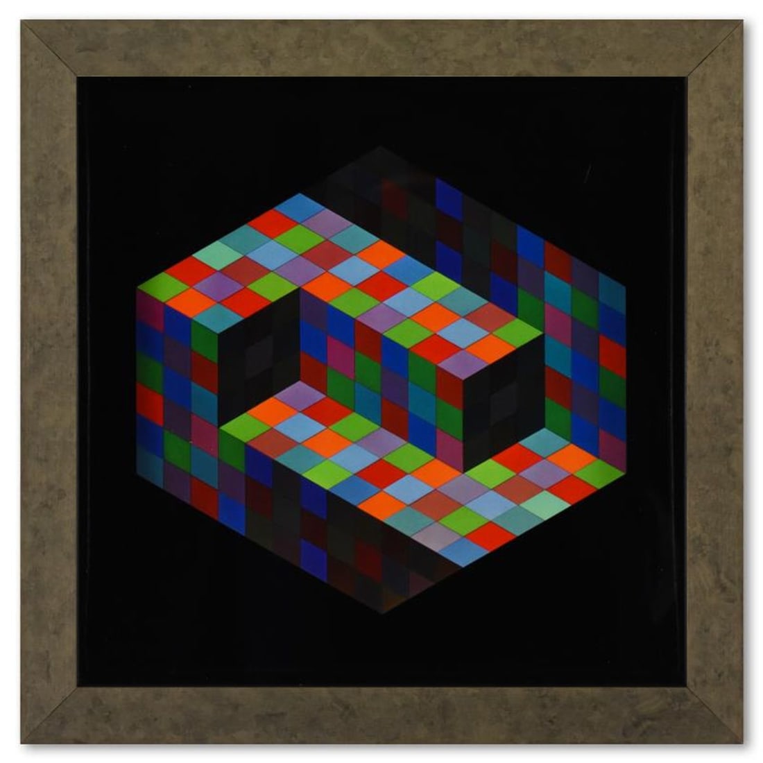 Victor Vasarely (1908-1997), "Gestalt de la serie Hommage A L'Hexagone" Framed 1971 Heliogravure: Gestalt de la serie Hommage A L'Hexagone is a heliogravure print on paper, published in 1971, by Victor Vasarely (1908-1997). This piece comes custom framed, with a letter of authenticity and with a 1