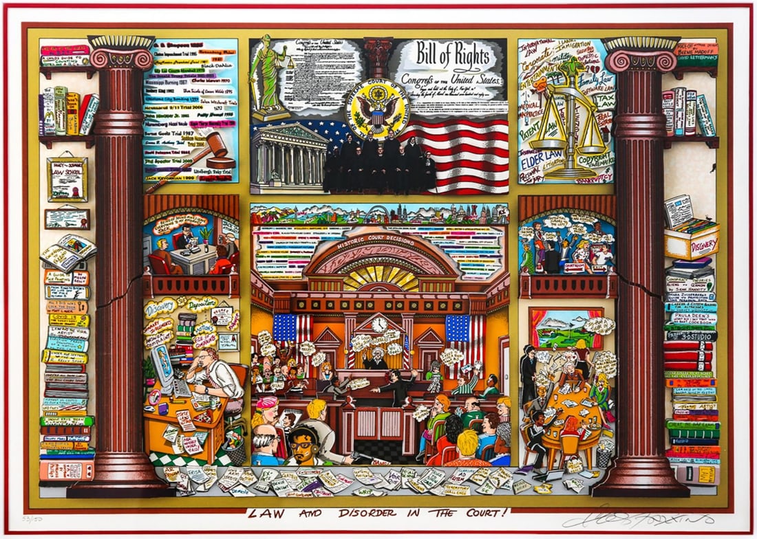 Charles Fazzino- 3D Construction Silkscreen Serigraph "Law and Disorder in the Court! (Red)" - 2