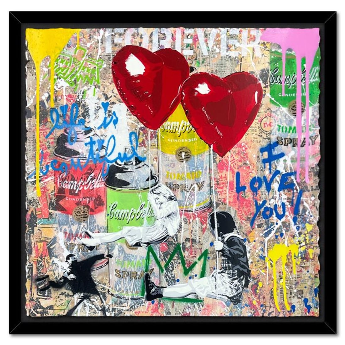 Mr. Brainwash, "Love is in the Air" Framed Mixed Media Original, Hand Signed with Certificate of: Love is in the Air is a mixed media original on deckle edge paper by Mr. Brainwash, hand signed and bearing the thumbprint of the artist inverso. This piece comes custom framed. Includes Certificate o