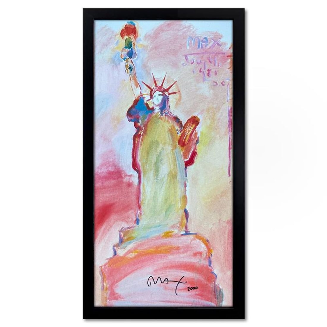 Peter Max, "Statue of Liberty III" Framed Hand Signed Offset Lithograph with Letter of Authenticity.: Statue of Liberty III is an offset lithograph on paper by Peter Max, hand signed by the artist. This piece comes custom framed. Includes Letter of Authenticity. Measures approx. 36" x 20" (frame), 32"