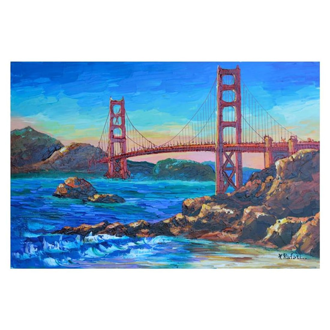 Yana Rafael, "Homage to the Golden Gate" Hand Signed Original Painting on Canvas with COA.: Homage to the Golden Gate is an original painting, acrylic on stretched canvas, by Yana Rafael. Hand signed by the artist, this piece is accompanied by certificate of authenticity and measures approxi