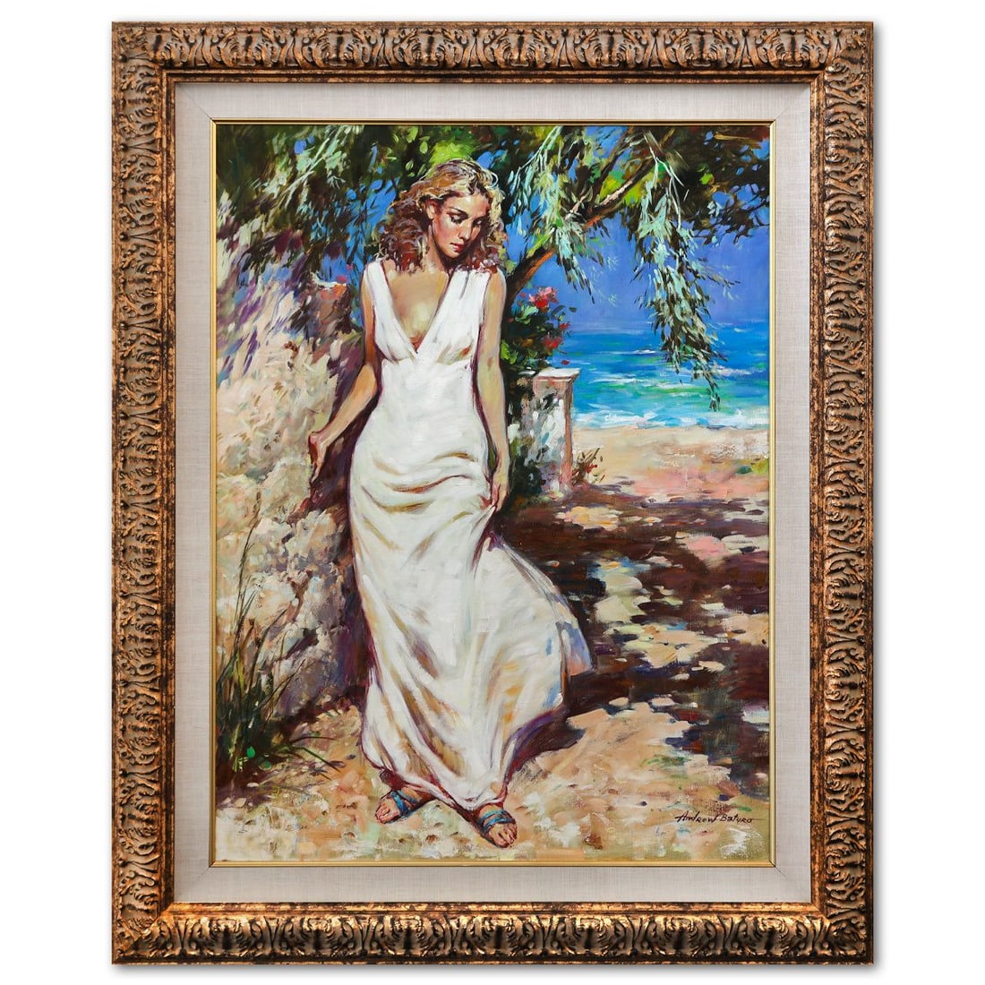 Andres Baturo- Original Oil on Canvas "By the Sea": Artist: Andres Baturo. Medium: Original Oil on Canvas. Title: By the Sea. Size: 40" x 30". Measures approx. 51" x 41" (framed). Signature: Hand Signed. Reference#: 74517.