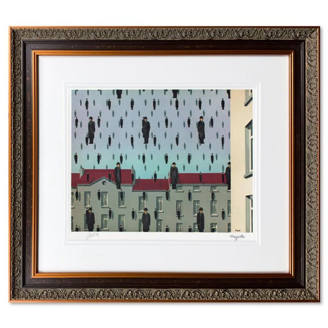 Magritte (1898-1967)- Lithograph "Golconda": Artist: Magritte (1898-1967). Medium: Lithograph. Title: Golconda. Size: 13" x 16.5". Measures approx. 23.5" x 21.5" (framed). Certificate of Authenticity: Is included.