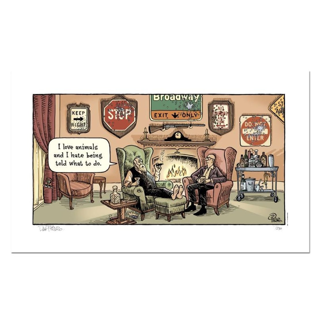 Bizarro, "Sign Hunter" Numbered Limited Edition Hand Signed by creator Dan Piraro; Letter of: Sign Hunter is a limited edition giclee on paper by Dan Piraro, creator of the critically acclaimed and award winning comic strip, Bizarro! This piece is numbered and hand signed by the artist and inc