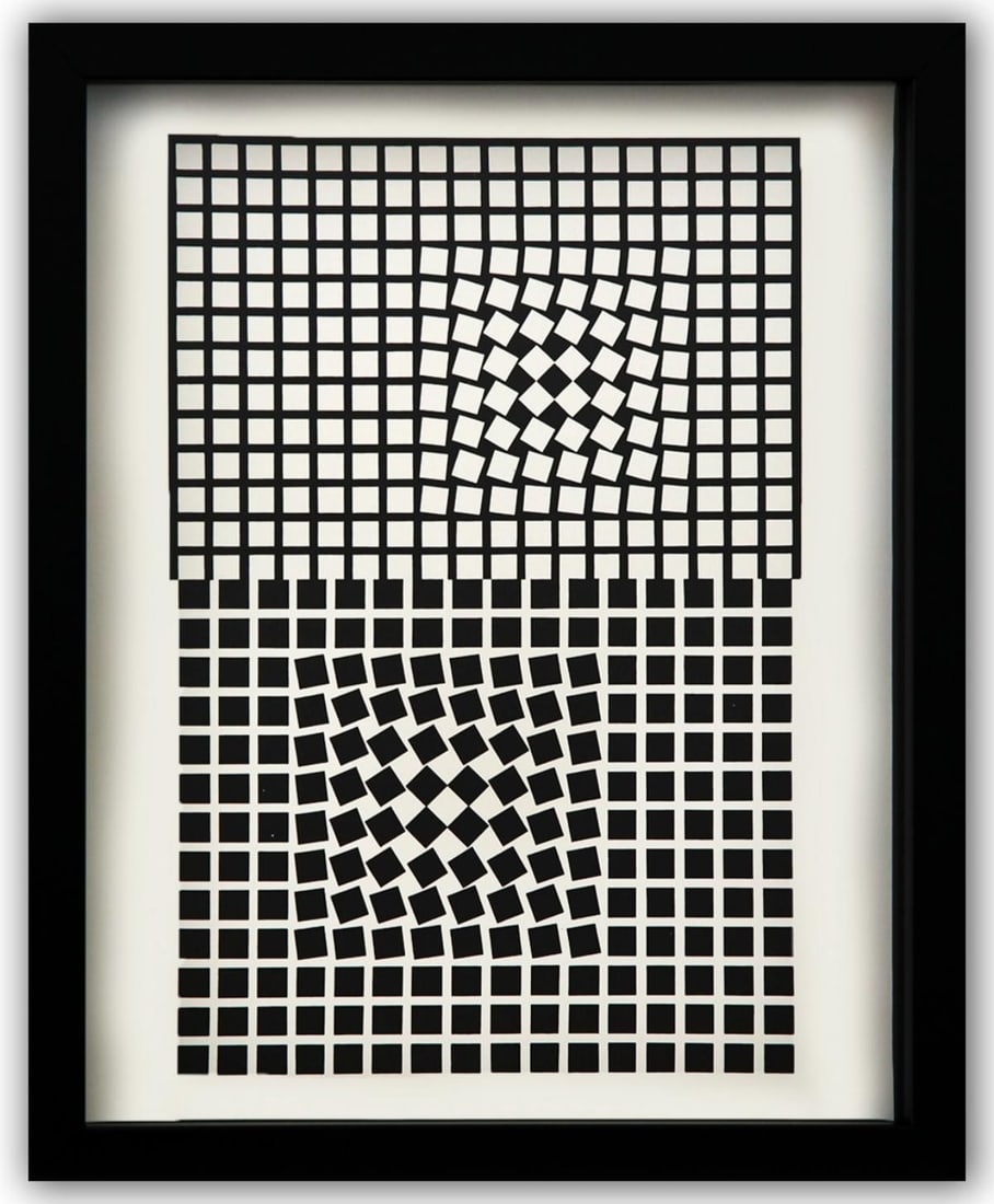 Victor Vasarely- Heliogravure Print "Untitled": Artist: Victor Vasarely. Medium: Heliogravure Print. Title: Untitled. Size: 13" x 10". Measures approx. 15" x 12" (framed). Additional: Custom Framed. Reference#: 21511.