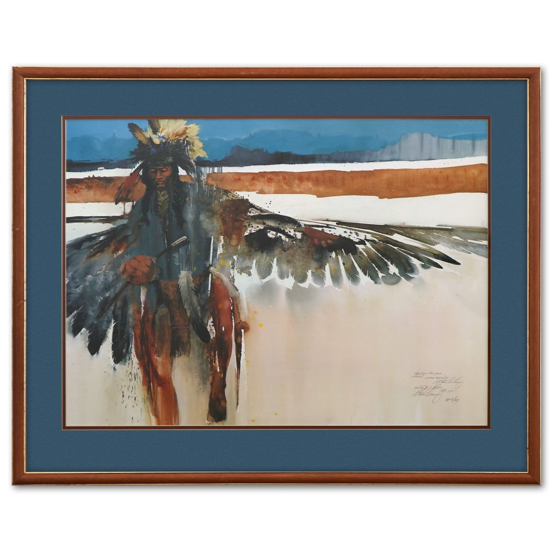 Morten F. Solberg- Offset Lithograph "Indian w/ Feathers": Artist: Morten F. Solberg. Medium: Offset Lithograph. Title: Indian w/ Feathers. Size: 20" x 27". Measures approx. 28" x 34" (framed). Signature: Signed and numbered. Additional: Disclaimer: The frame
