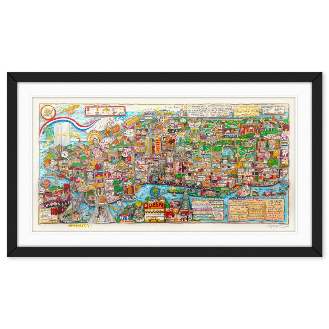 Charles Fazzino- 3D Construction Silkscreen Serigraph "NEW YORK IS": Artist: Charles Fazzino. Medium: 3D Construction Silkscreen Serigraph. Title: NEW YORK IS. Size: 22" x 42". Measures approx. 30" x 51" (framed). Signature: Hand signed and numbered by the artist. Cert
