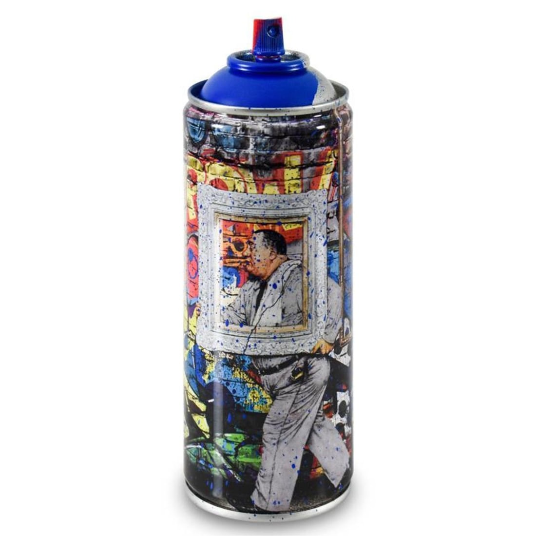 Mr. Brainwash, "Wall Frame (Blue)" Limited Edition Hand Painted Spray Can with Plate Signature. (1 of 3)