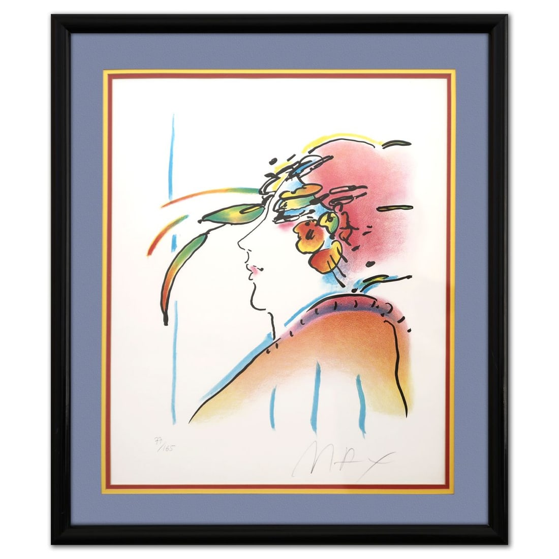Peter Max- Lithograph "Lady with Feathers": Artist: Peter Max. Medium: Lithograph. Title: Lady with Feathers. Size: 23" x 19". Measures approx. 30" x 26" (framed). Signature: Hand signed and numbered. Certificate of Authenticity: Is included. R