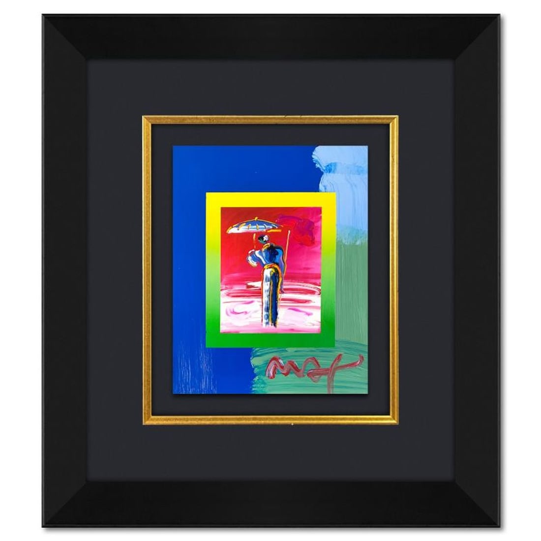 Peter Max, "Umbrella Man with Cane" Framed One-of-a-Kind Acrylic Mixed Media, Hand Signed with: Umbrella Man with Cane is a one-of-a-kind acrylic mixed media on paper, hand signed by Peter Max. The piece comes custom framed with a backside cutout to display Peter Max Studio registration number 2