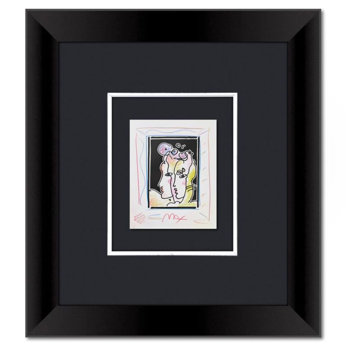 Peter Max, Framed One-of-a-Kind Mixed Media, Hand Signed with Registration Number Certifying: This is a one-of-a-kind mixed media on paper, hand signed by Peter Max. The piece comes custom framed with a backside cutout to display Peter Max Studio registration number 338296 certifying authentic
