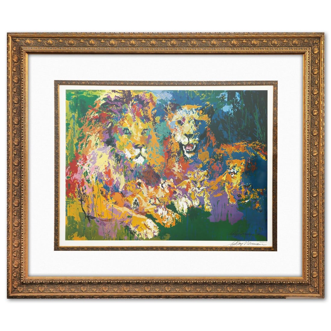 LeRoy Neiman- Offset Lithograph "Lions Pride": Artist: LeRoy Neiman. Medium: Offset Lithograph. Title: Lions Pride. Size: 23" x 31". Measures approx. 39" x 46" (framed). Signature: Hand signed. Additional: Disclaimer: The frame shows some signs of