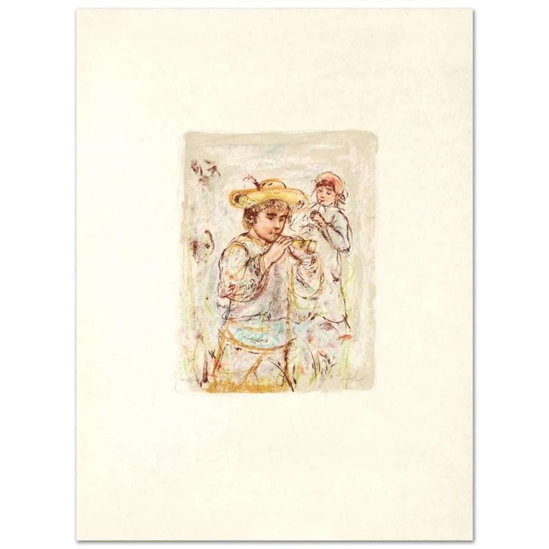 Boy with Horn Limited Edition Lithograph by Edna Hibel (1917-2014), Numbered and Hand Signed with: Boy with Horn is a limited edition lithograph on rice paper, numbered and hand signed by Edna Hibel (1917-2014). Includes Certificate of Authenticity! Measures approx. 22.5" x 30" (with border), 11" x