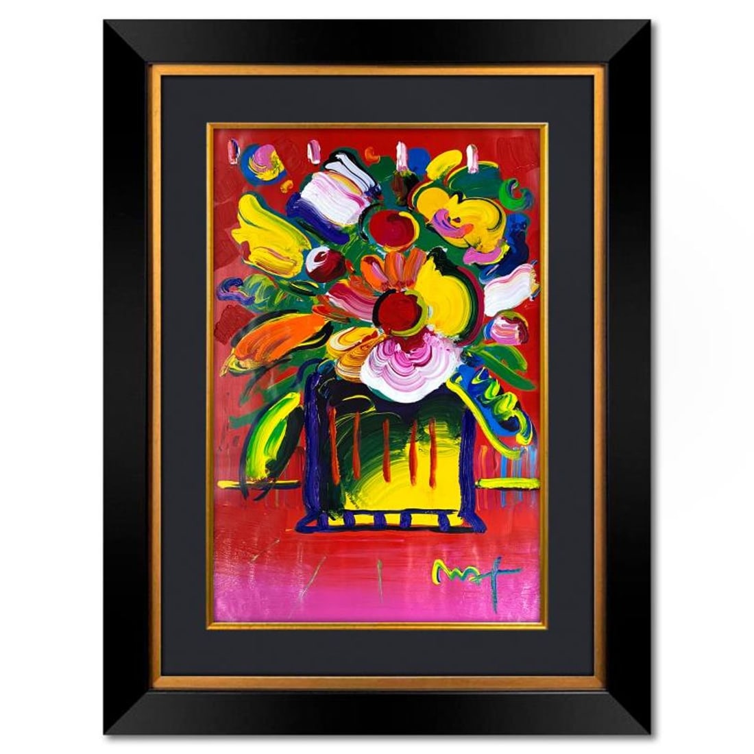 Peter Max, "Abstract Flower" Framed One-of-a-Kind Mixed Media, Hand Signed with Registration Number: Abstract Flower is a one-of-a-kind mixed media on paper, hand signed by Peter Max. The piece comes custom framed with a backside cutout to display Peter Max Studio registration number 288266 certifyin