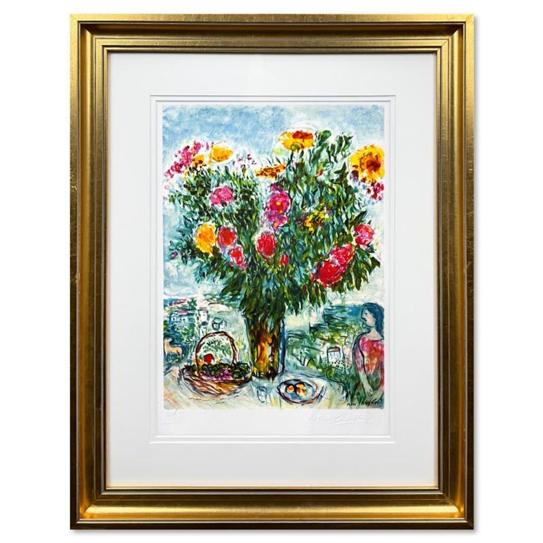 Marc Chagall (1887-1985), "Le Grand Bouquet" Framed Limited Edition Lithograph with Letter of: Le Grand Bouquet is a framed limited edition lithograph on paper by Marc Chagall (1887-1985) authorized by the Chagall Estate and ADAGP Paris. The piece is plate signed and comes with a letter of auth