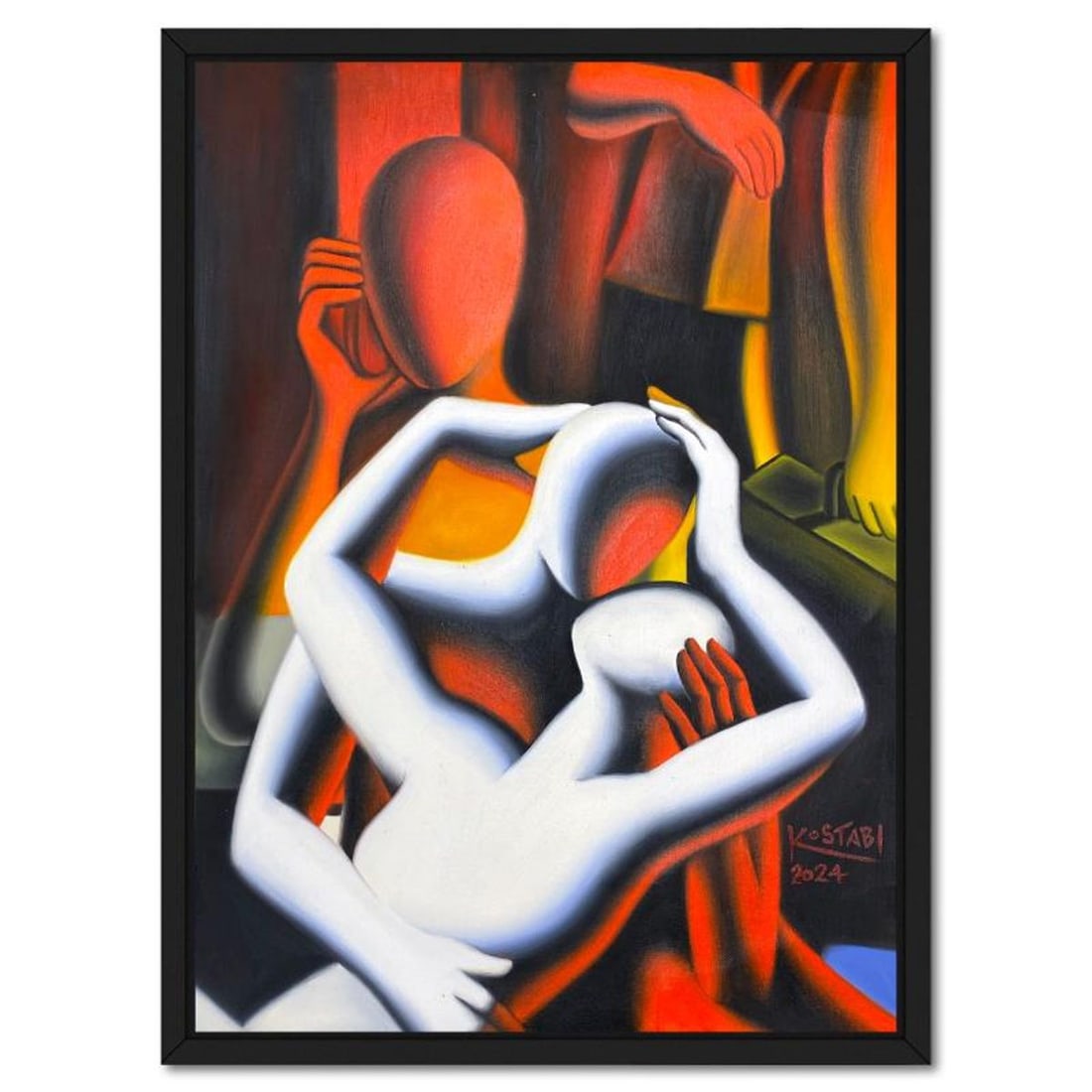 Mark Kostabi, "Unveiled Affection" Framed Original Oil Painting on Canvas, Hand Signed with a (1 of 3)