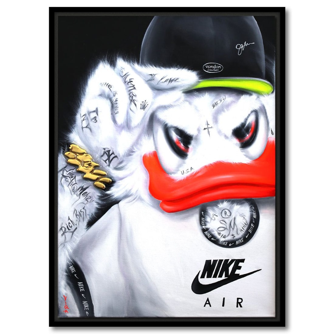 Viqa- Original Oil on Canvas with Collage "Scrooge McDuck/ Rick Ross": Artist: Viqa. Medium: Original Oil on Canvas with Collage. Title: Scrooge McDuck/ Rick Ross. Size: 27" x 20". Measures approx. 29" x 22" (framed). Signature: Hand signed by the artist. Certificate of 