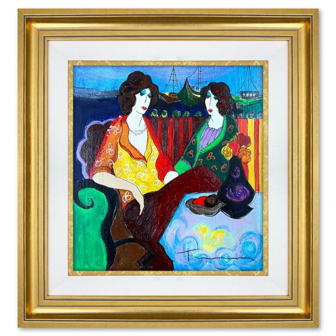 Itzchak Tarkay (1935-2012), "At the Port" Framed One-of-a-Kind Mixed Media Over Paint on Wood, Hand (1 of 2)