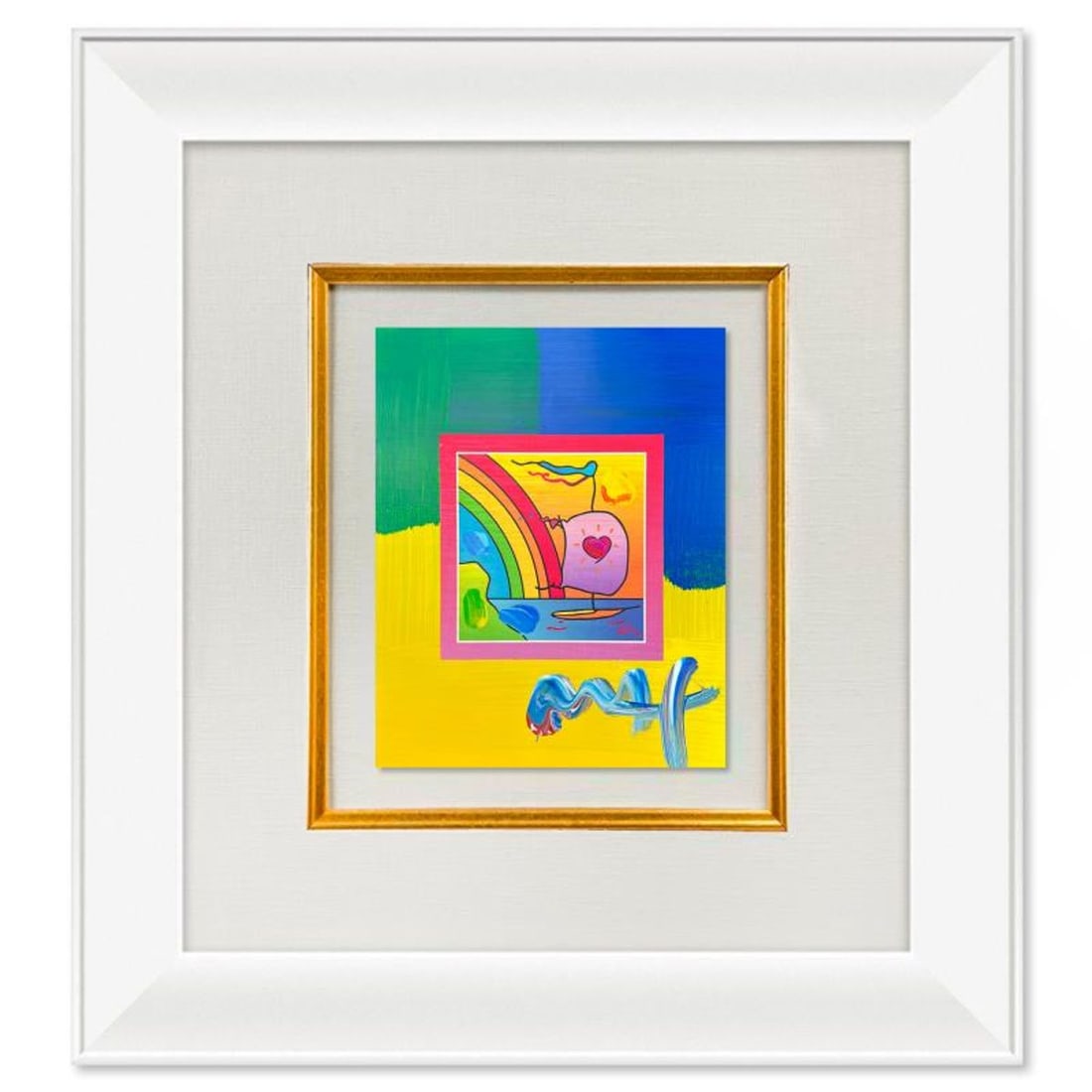 Peter Max, "Sailboat with Heart" Framed One-of-a-Kind Acrylic Mixed Media, Hand Signed with: Sailboat with Heart is a one-of-a-kind acrylic mixed media on paper, hand signed by Peter Max. The piece comes custom framed with a backside cutout to display Peter Max Studio registration number