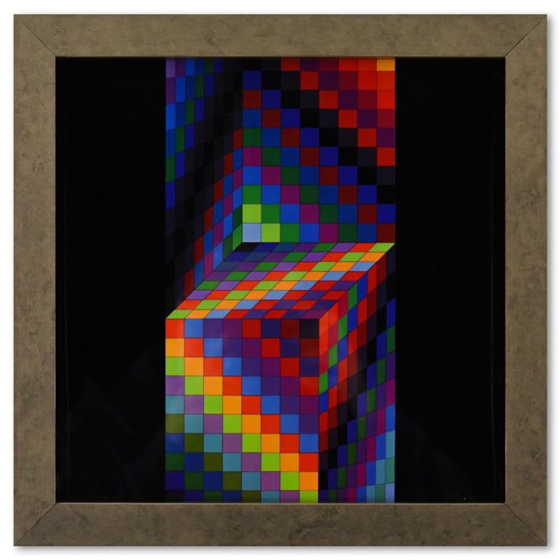 Victor Vasarely (1908-1997), "Axo - 77 de la serie Hommage A L'Hexagone" Framed 1971 Heliogravure: Axo - 77 de la serie Hommage A L'Hexagone is a heliogravure print on paper, published in 1971, by Victor Vasarely (1908-1997). This piece comes custom framed, with a letter of authenticity and with a 