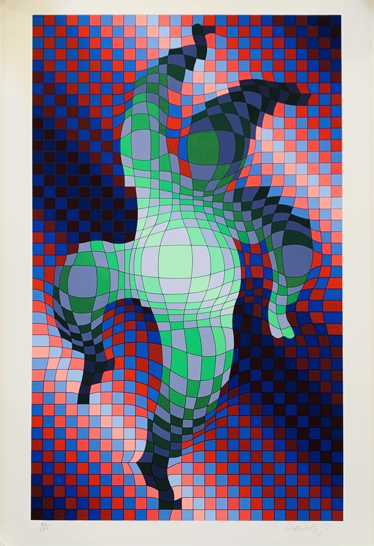 Victor Vasarely- Serigraph "Geometric Composition Dancing Clown": Artist: Victor Vasarely. Medium: Serigraph. Title: Geometric Composition Dancing Clown. Size: 27.5" x 17.5". Signature: Hand signed and numbered. Reference#: 28214.