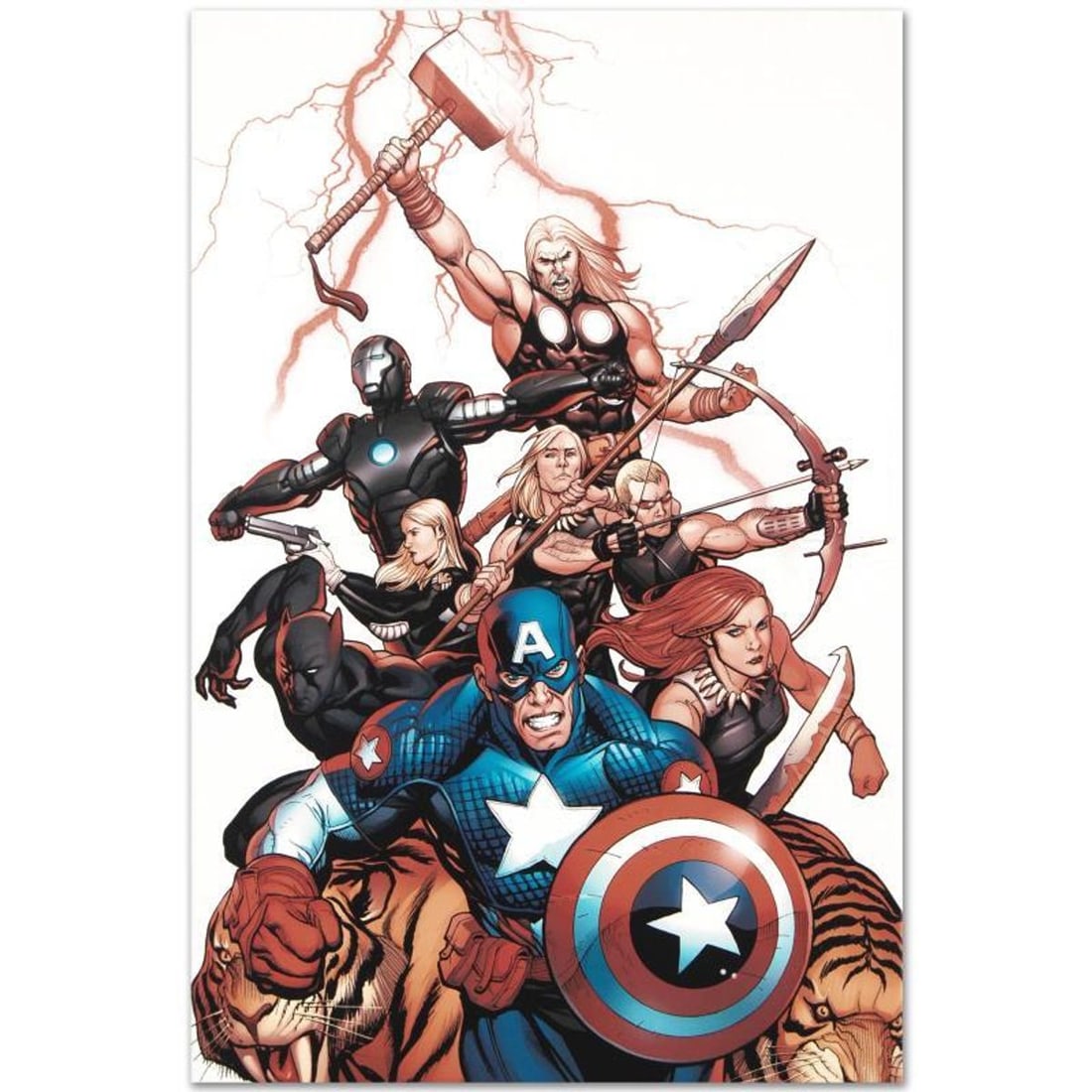 Marvel Comics "Ultimate New Ultimates #5" Numbered Limited Edition Giclee on Canvas by Frank Cho: A piece of comic book history, this limited edition, from original art by Frank Cho, depicts Captain America, Thor, Hawkeye and Iron Man. A self-taught artist, Frank Cho has drawn issues of The New Av