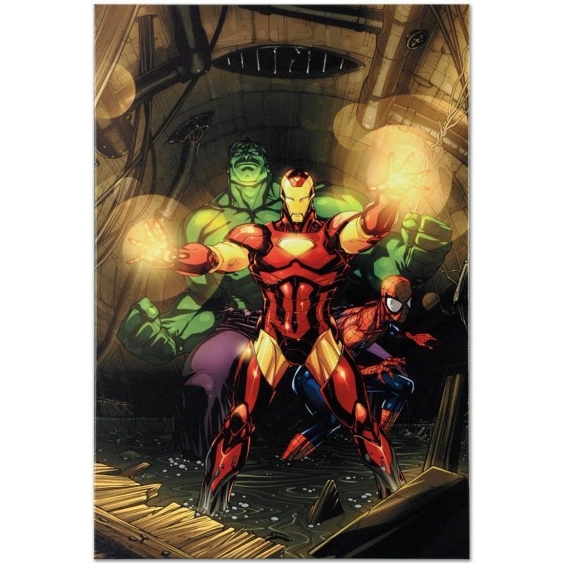 Marvel Comics "Secret Invasion #7" Numbered Limited Edition Giclee on Canvas by Leinil Francis Yu: A piece of comic book history, this limited edition, from original art by Leinil Francis Yu, depicts the classic characters The Hulk, Spider-Man, and Iron Man. After winning the Wizard's Drawing Board