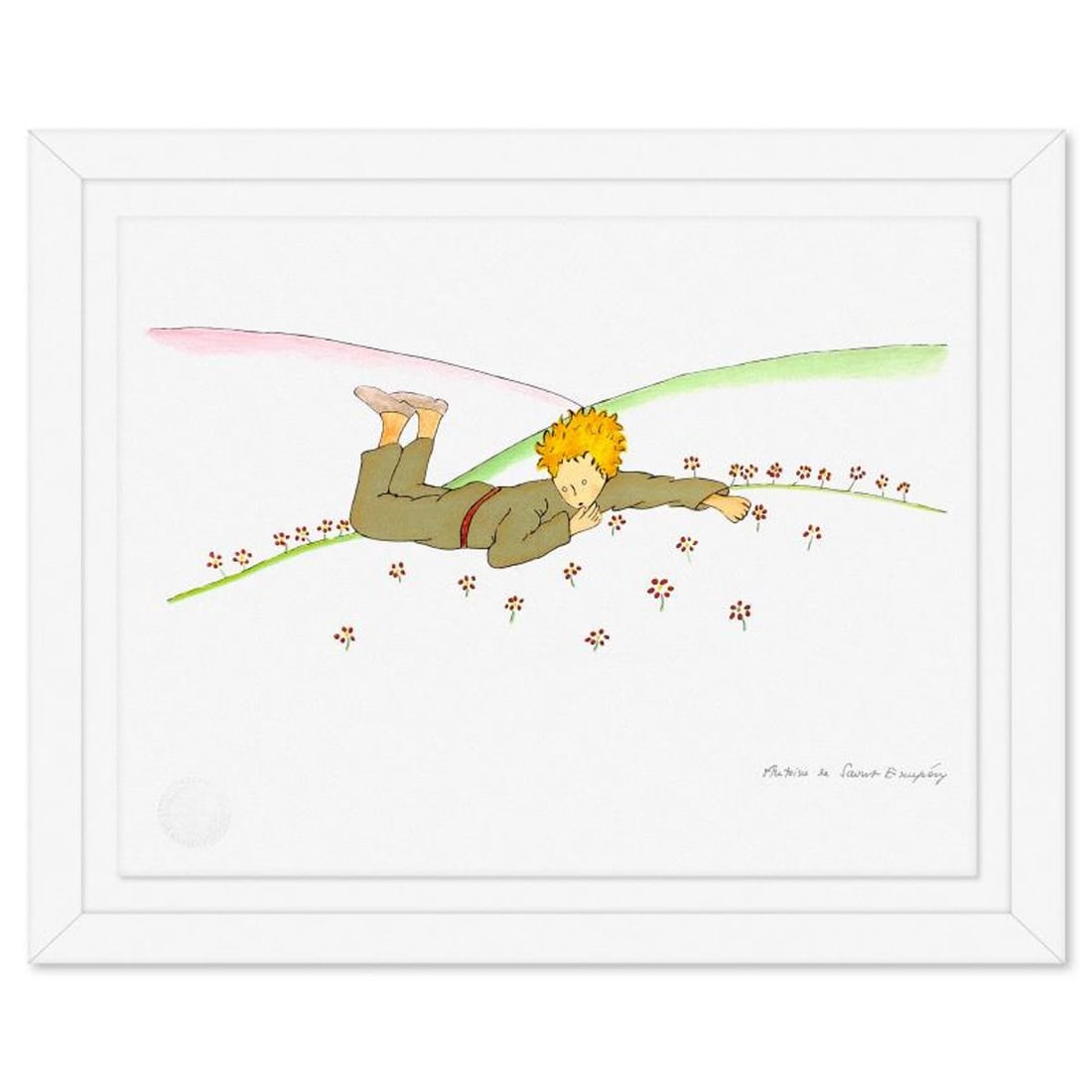 Antoine de Saint-Exupery 1900-1944 (After), "The Little Prince Lying On The Grass" Framed Limited: The Little Prince Lying On The Grass is a limited edition lithograph on paper by Antoine de Saint-Exupery 1900-1944 (After), bearing the plate signature of the artist.This piece comes from an edition 