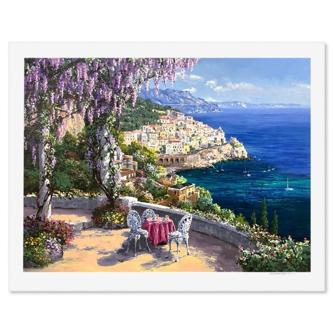 Sam Park, "Amalfi Patio" Limited Edition Printer's Proof Serigraph, Numbered and Hand Signed with: Amalfi Patio is a limited edition printer's proof serigraph on paper by Sam Park, numbered and hand signed by the artist. Includes Letter of Authenticity. Measures approx. 34.5" x 44" (border), 30" x 