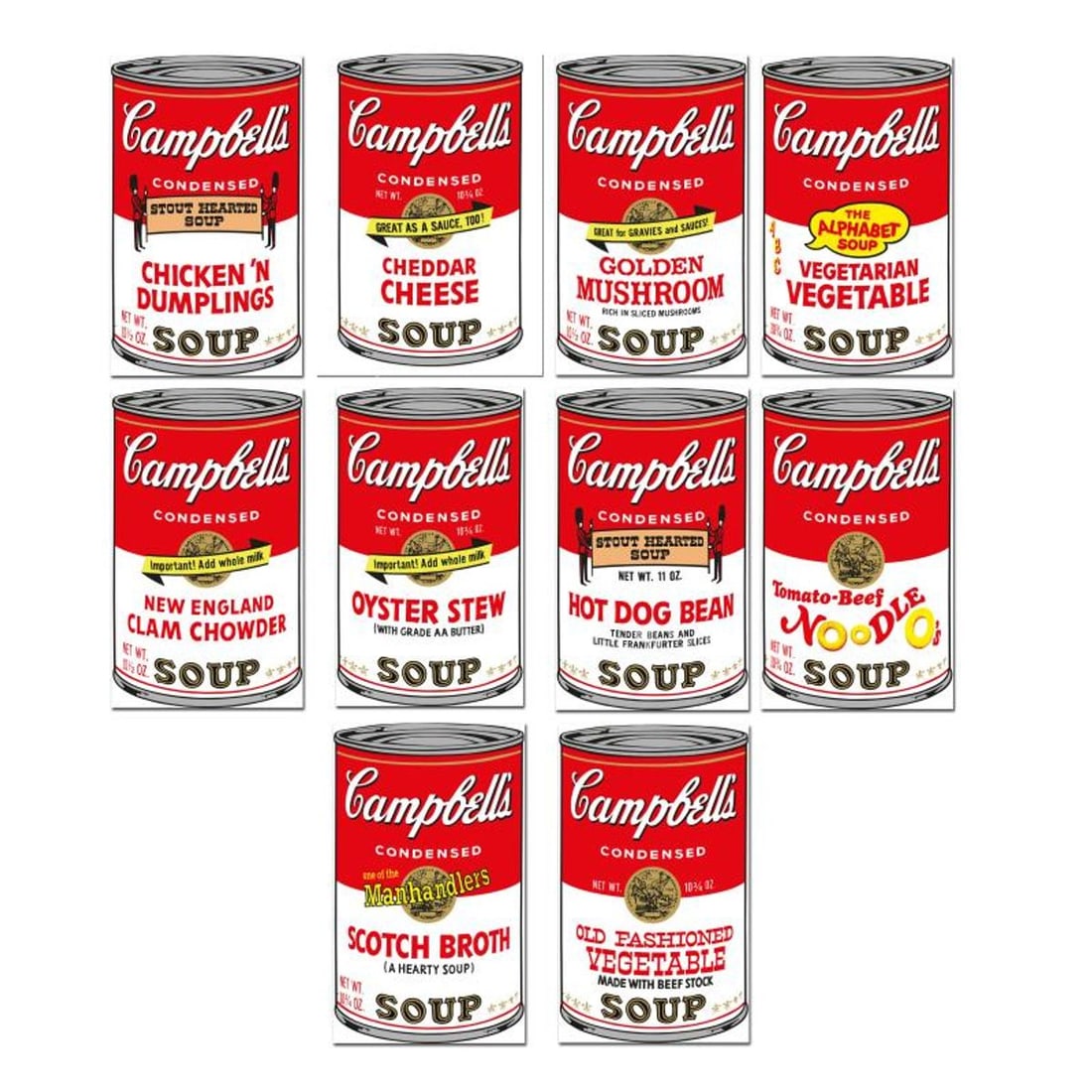 Andy Warhol "Soup Can Series 2" Limited Edition Suite of 10 Silk Screen Prints from Sunday B: Soup Can Series 2 is a suite of 10 limited edition silk screen prints on museum board from Sunday B Morning featuring the works of Andy Warhol. The piece is stamped in blue on the back with "Published