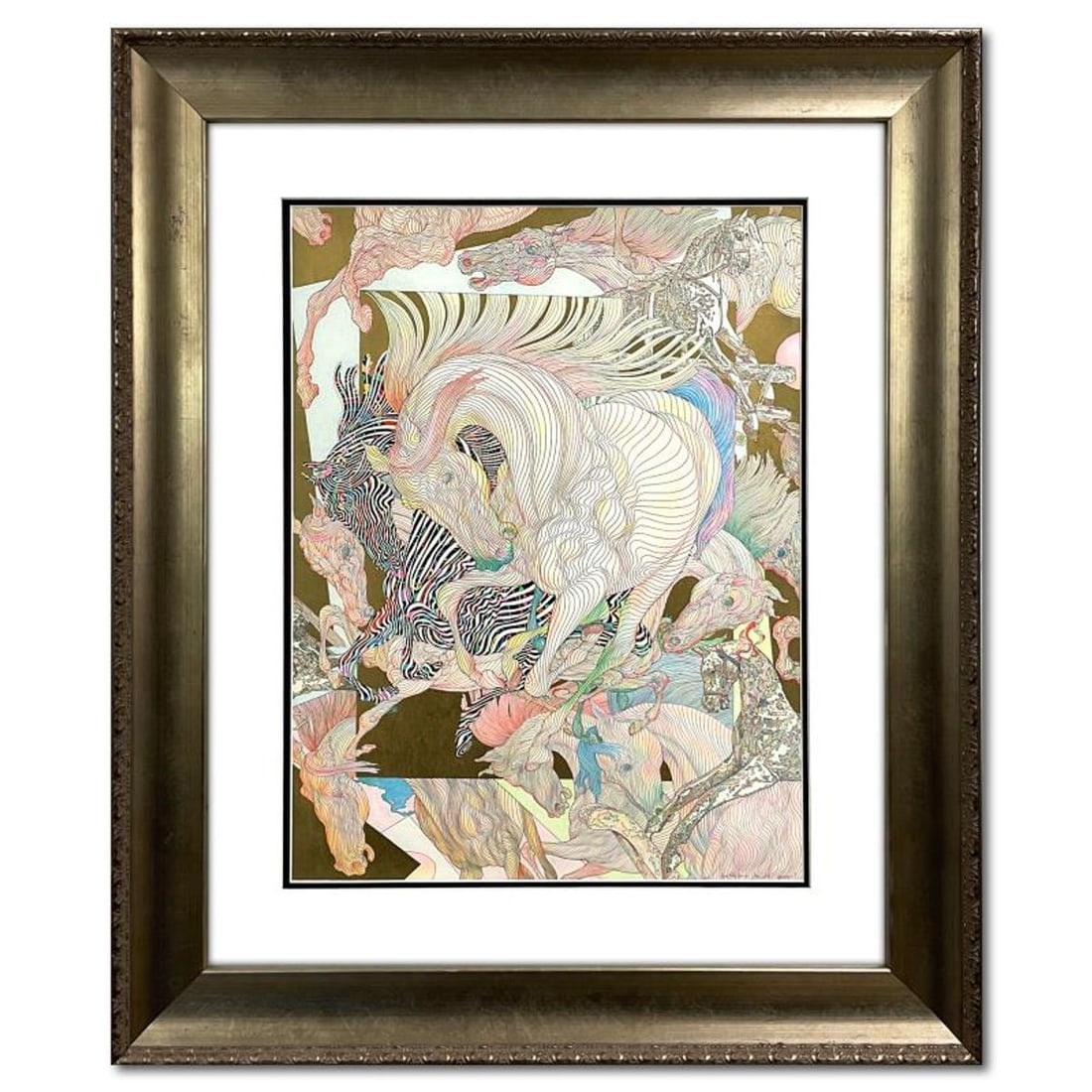 Guillaume Azoulay, Framed Hand Colored Original Drawing with Gold Leaf, Hand Signed with Letter of: This is an hand colored original drawing on paper with hand laid gold leaf by Guillaume Azoulay, hand signed by the artist. This piece comes custom framed. Includes Letter of Authenticity. Measures ap