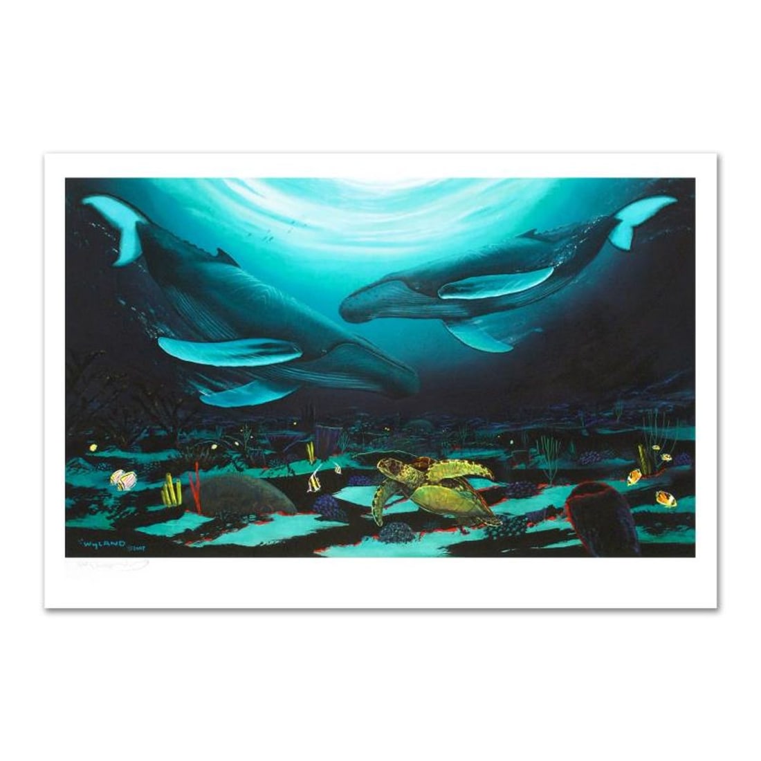 Wyland, "Humpback Dance" Limited Edition Giclee on Canvas. Numbered and Hand Signed with Certificate: Humpback Dance is a limited edition giclee on canvas, numbered and hand signed by Wyland! Includes Certificate of Authenticity! Measures approx. 21" x 35" (image). Reference#: 94004.