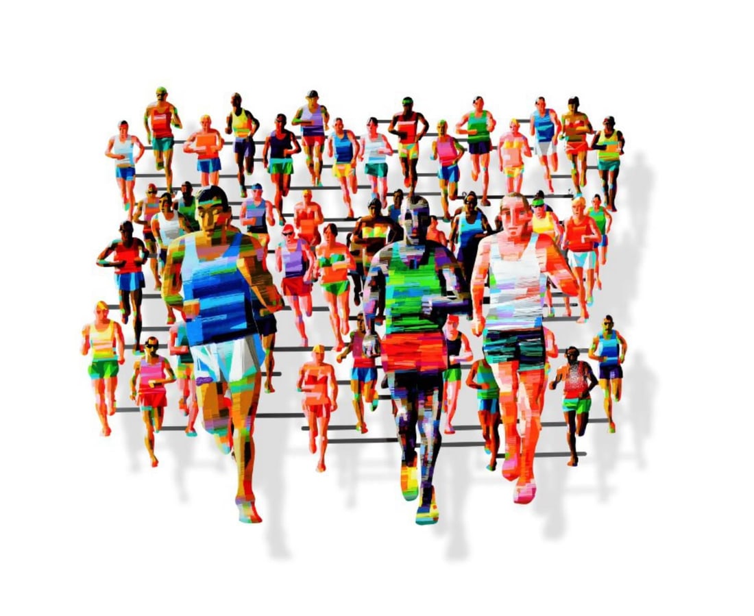 David Gerstein- Mixed Media Cutout Aluminum "MARATHON - BERLIN": Artist: David Gerstein. Medium: Mixed Media Cutout Aluminum. Title: MARATHON - BERLIN. Size: 71" x 56". Signature: Signed and numbered. Certificate of Authenticity: Is included. Additional: Edition