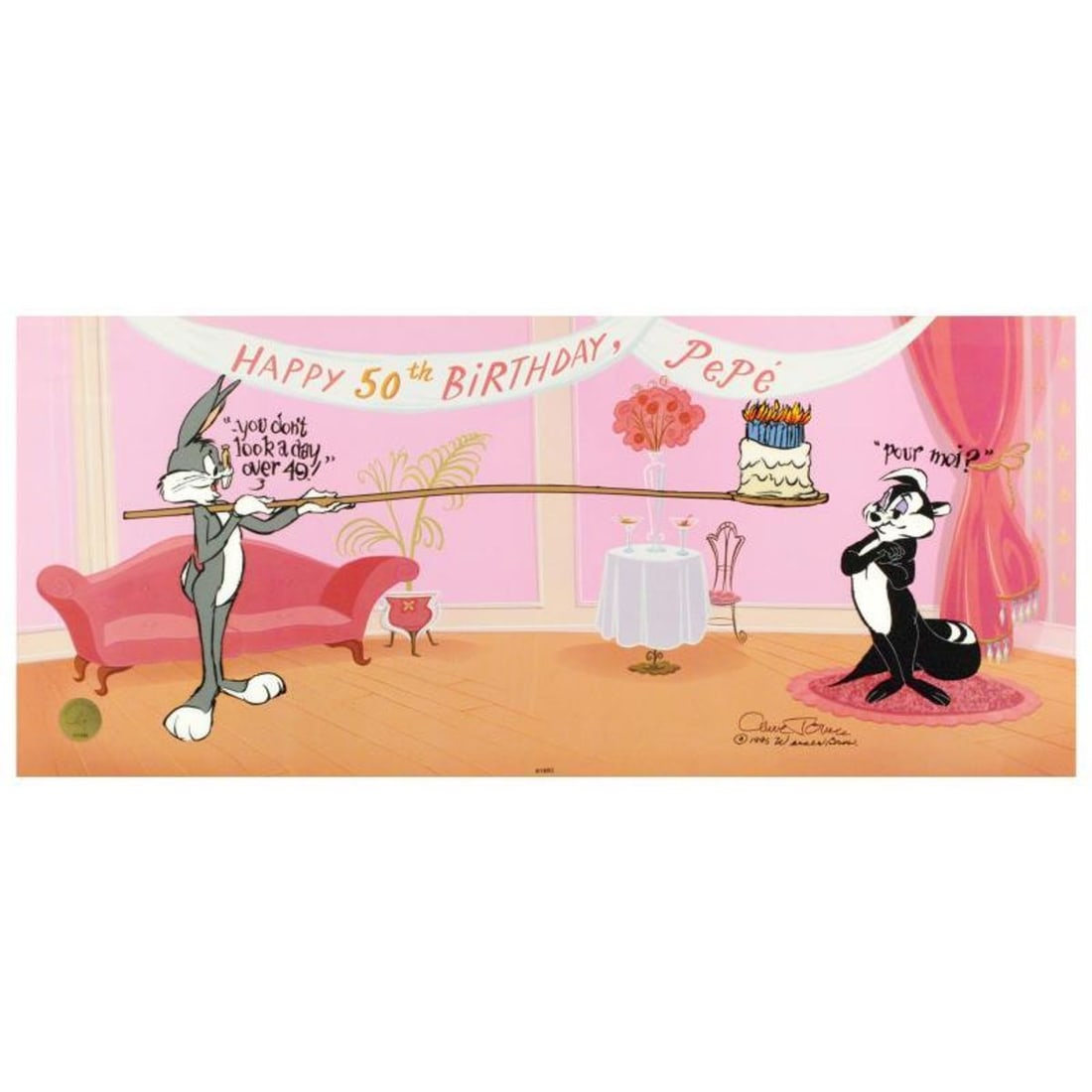 Pepe's 50th Birthday by Chuck Jones (1912-2002). Limited Edition Animation Cel 25" x 10.5" with Hand: Own this amazing piece based on the original line image hand drawn and hand-inked on paper by Chuck Jones! "Pepe's 50th Birthday" is a sold out limited edition animation cel with hand painted
