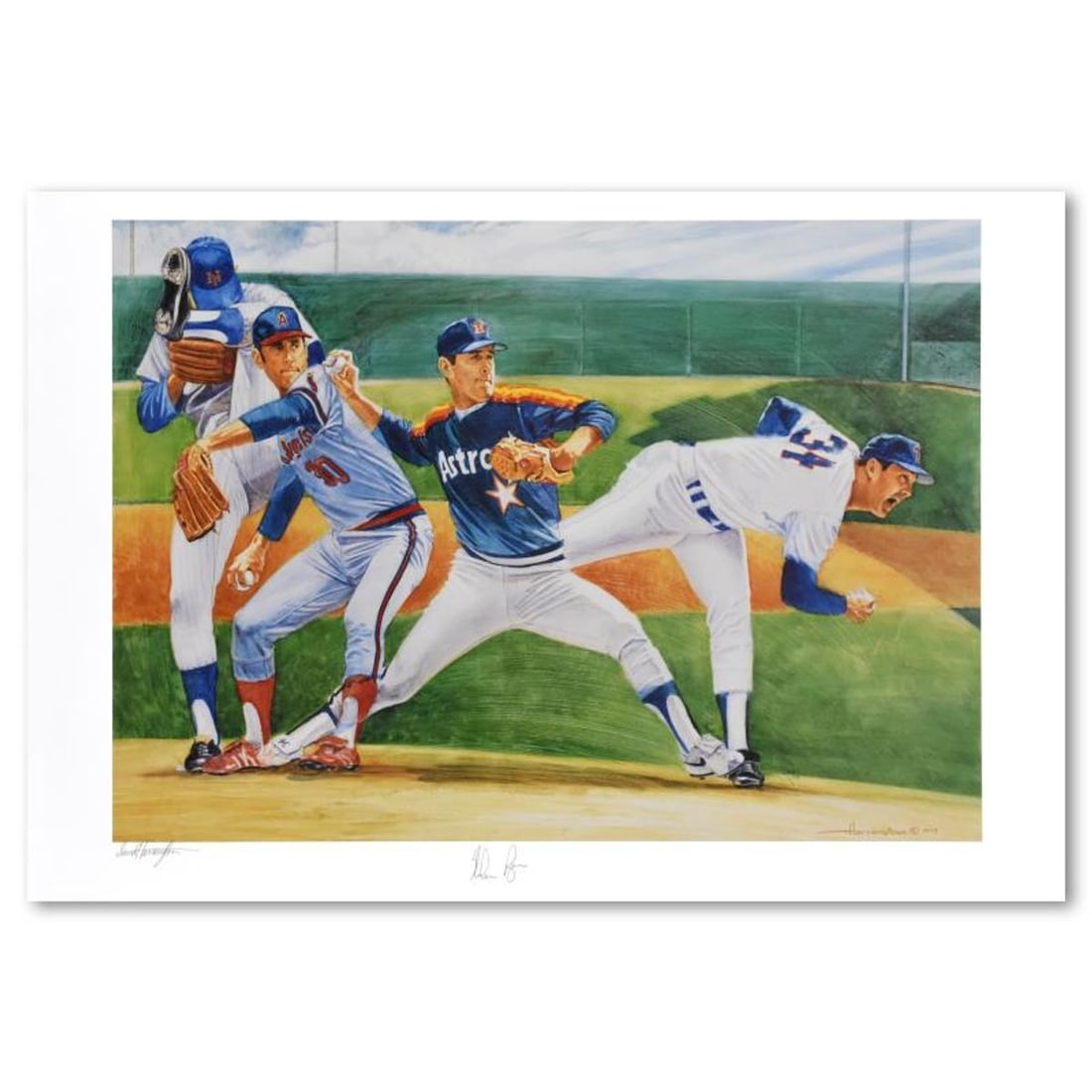 David Harrington, "Nolan Ryan" Limited Edition Lithograph, Numbered and Hand Signed by the Artist: Nolan Ryan is a limited edition lithograph on paper by David Harrington, numbered and hand signed by the artist and Baseball legend, Nolan Ryan. Includes Letter of Authenticity. Measures approx. 37"