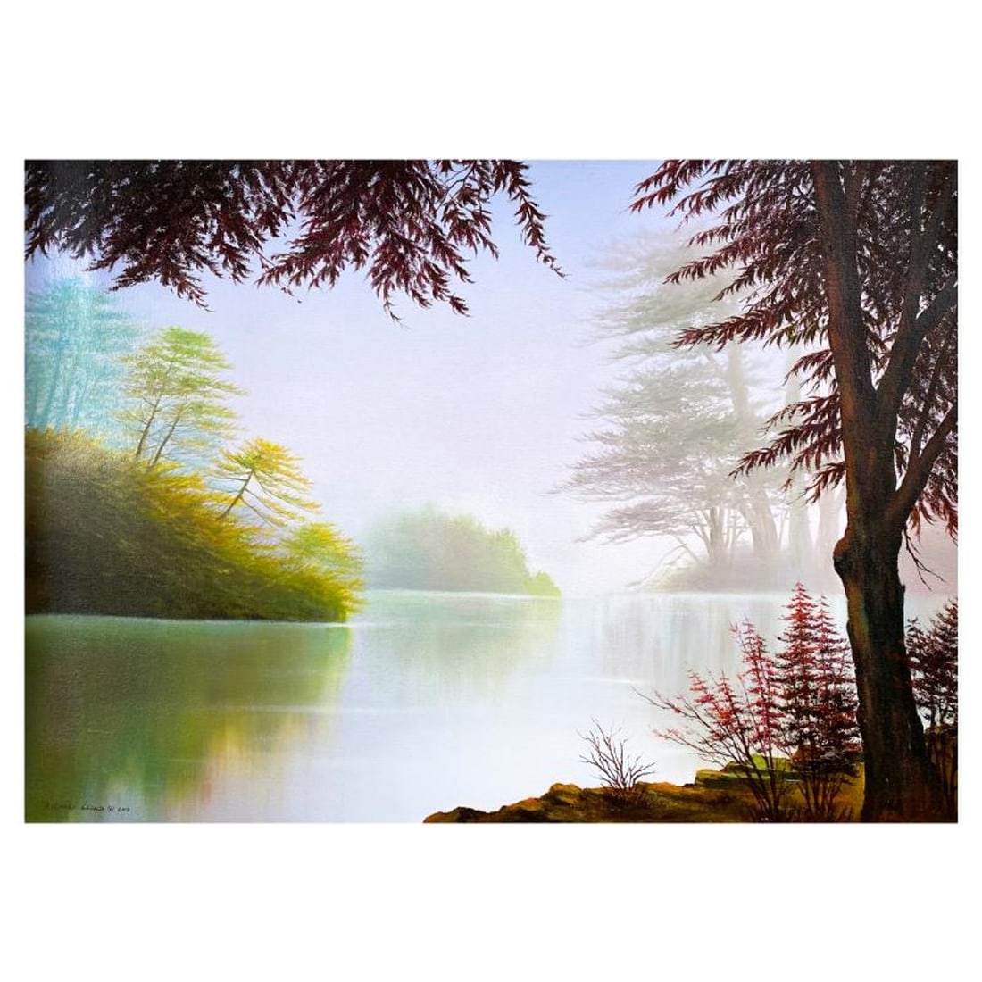 Richard Leung, "Misty Lake" Original Oil Painting on Canvas, Hand Signed with a Letter of (1 of 2)