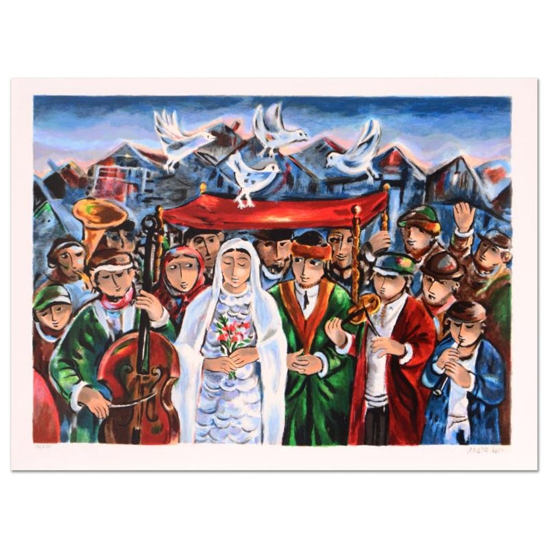Yosl Bergner (1920-2017), "Wedding" Limited Edition Lithograph, Numbered and Hand Signed with: Wedding is a limited edition lithograph on paper, numbered hand signed by Yosl Bergner (1920-2017). Includes Certificate of Authenticity. Measures approx. 27" x 21.5" (with border), 24.5" x 18.5" (ima