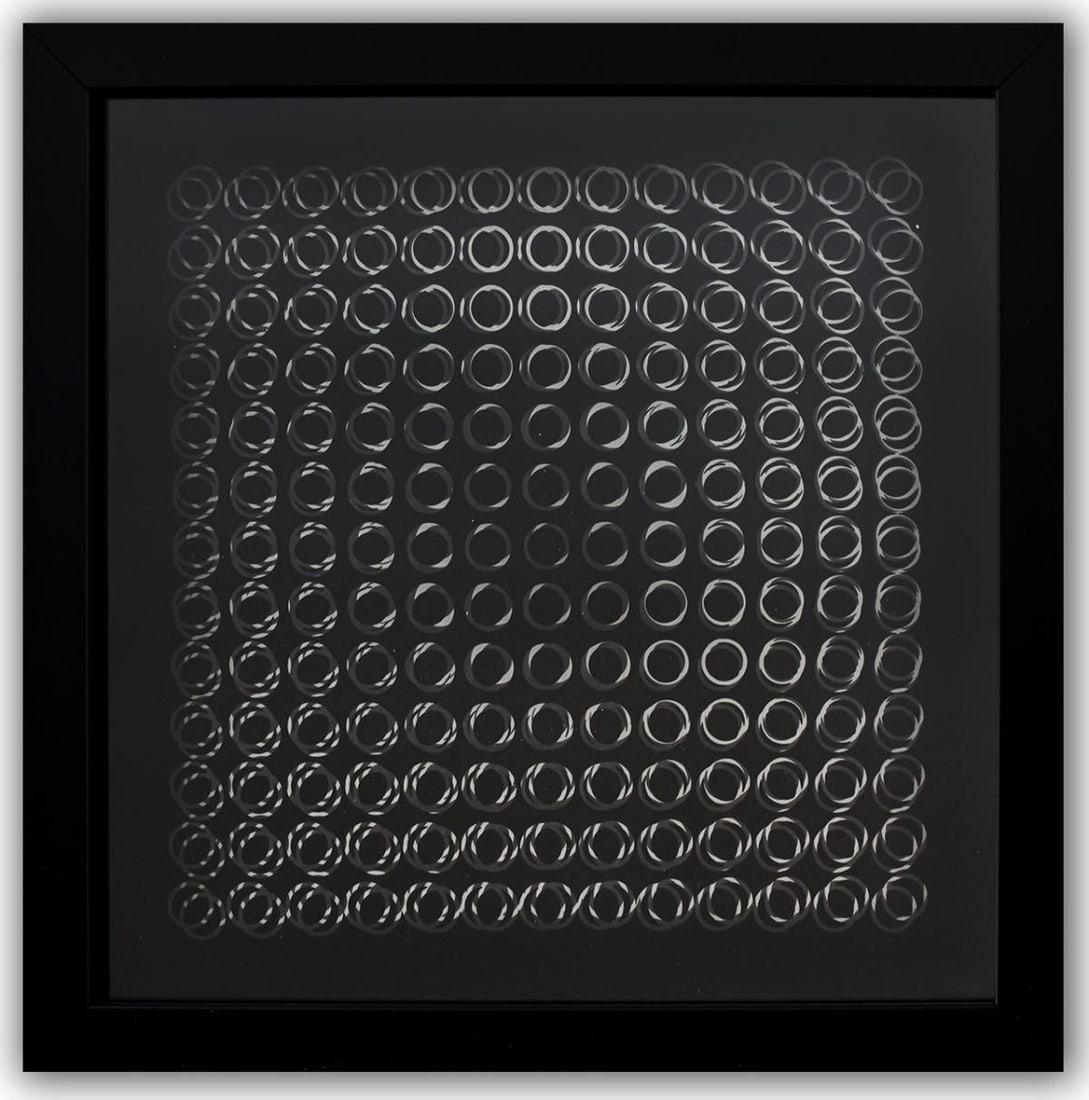 Victor Vasarely- 3D Wall Sculpture/object "Cinetiques": Artist: Victor Vasarely. Medium: 3D Wall Sculpture/object. Title: Cinetiques. Size: 10" x 10". Measures approx. 12" x 12" (framed). Additional: Custom Framed. 2 layers- Top layer printed on clear Luci