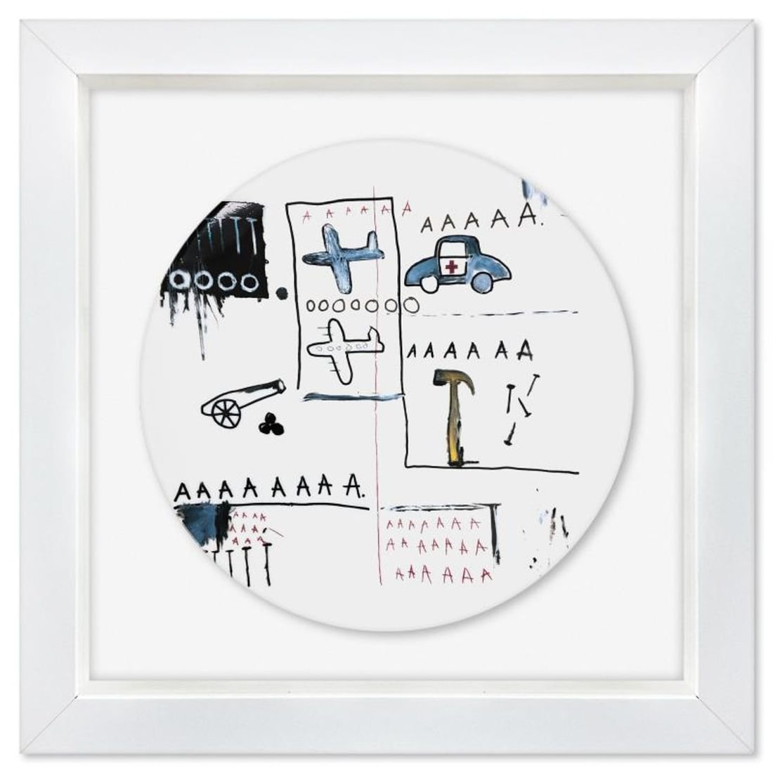Jean-Michel Basquiat (1960-1988), "Untitled 1981" Framed Limoges Porcelain Plate.: Untitled 1981 is a Limoges porcelain plate bearing the plate signature inverso of Jean-Michel Basquiat (1960-1988). This plate is custom framed and floated on linen. Measures approx. 16" x 16" (frame)