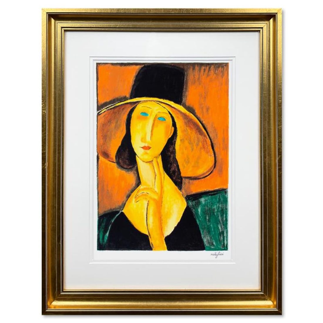 Modigliani (1884-1920)- Serigraph "Protrait Of A Woman With Hat": Artist: Modigliani (1884-1920). Medium: Serigraph. Title: Protrait Of A Woman With Hat. Size: 16.5" x 11.5". Measures approx. 27" x 25" (framed). Certificate of Authenticity: Is included.