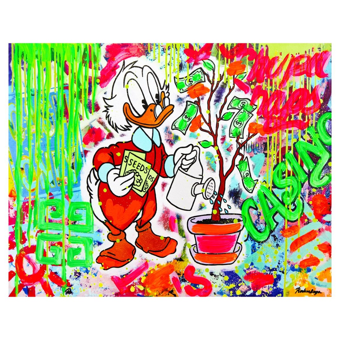 Nastya Rovenskaya- Mixed Media on Canvas "Duck Tales of Love & Loo": Artist: Nastya Rovenskaya. Medium: Mixed Media on Canvas. Title: Duck Tales of Love & Loo. Size: 16" x 20". Signature: Hand signed. Certificate of Authenticity: Is included. Reference#: 49415.
