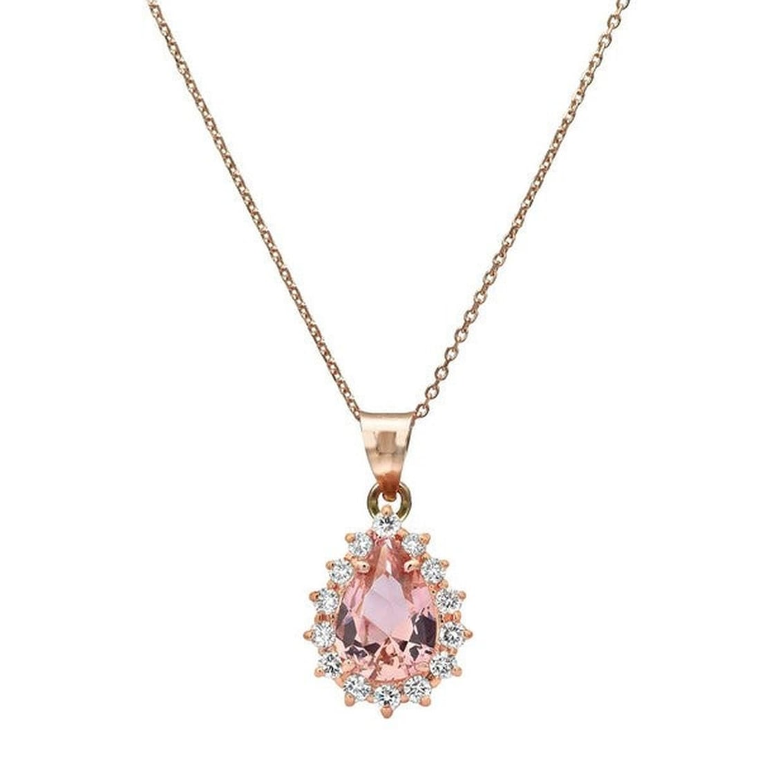 14kt Rose Gold 0.2ctw Diamond Pendant: One 14k rose gold pendant Jewelry Weight: 2.3Grs Total Diamonds Weight: 0.2Cts Main Stones Description: Quantity: 1 Cut and shape: Pears Carats Weight: 1.4 Color: Lab Grown Morganite Side Stones Descr