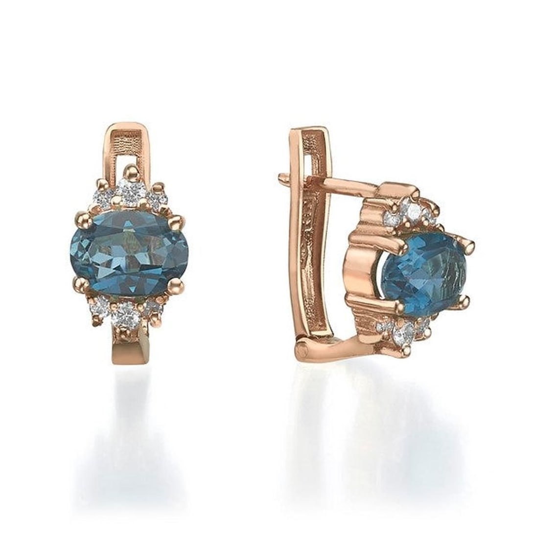 14kt Rose Gold 0.3ctw Diamond Earrings: One pair of 14k rose gold earrings Jewelry Weight: 3.4Grs Total Diamonds Weight: 0.3Cts Main Stones Description: Quantity: 2 Cut and shape: Oval Carats Weight: 2 Color: Blue Corundum Side Stones Descr