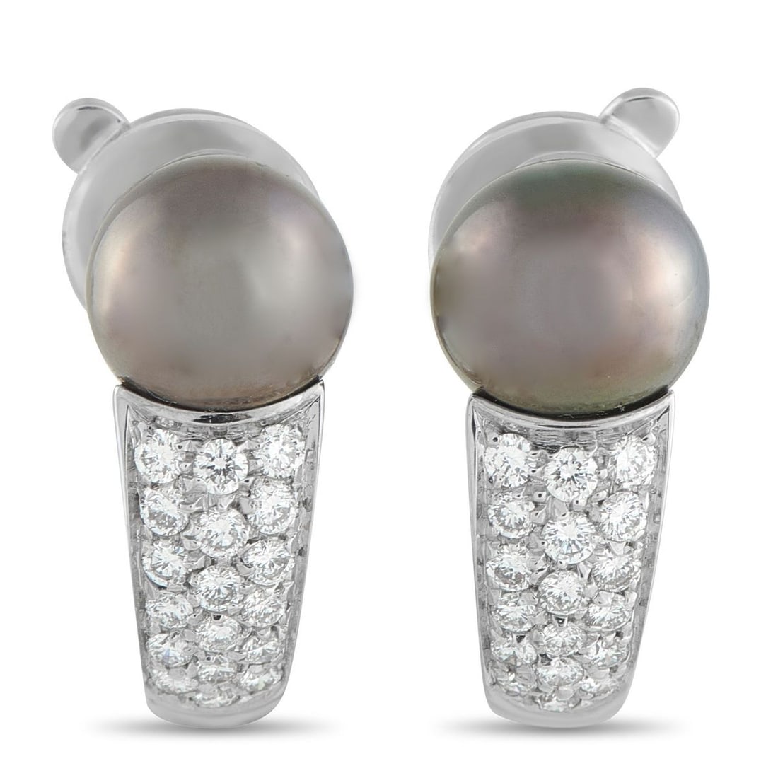 BOUCHERON 18K WHITE GOLD 0.35CT DIAMOND AND BLACK PEARL CLIP-ON EARRINGS: These Boucheron white gold hoop clip earrings center on a 7mm black pearl, its deep luster highlighted by diamond accents. At 0.75 inches tall and 0.44 inches wide, these 11.4g earrings combine compac