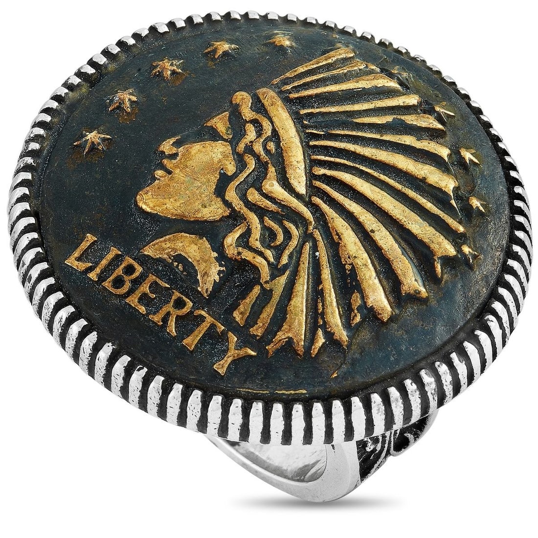 KING BABY SILVER STATEMENT HEADDRESS RING K206061: This King Baby ring is crafted from silver and weighs 54.6 grams. The ring boasts band thickness of 6 mm and top height of 7 mm, while top dimensions measure 37 by 35 mm.Offered in brand new condition
