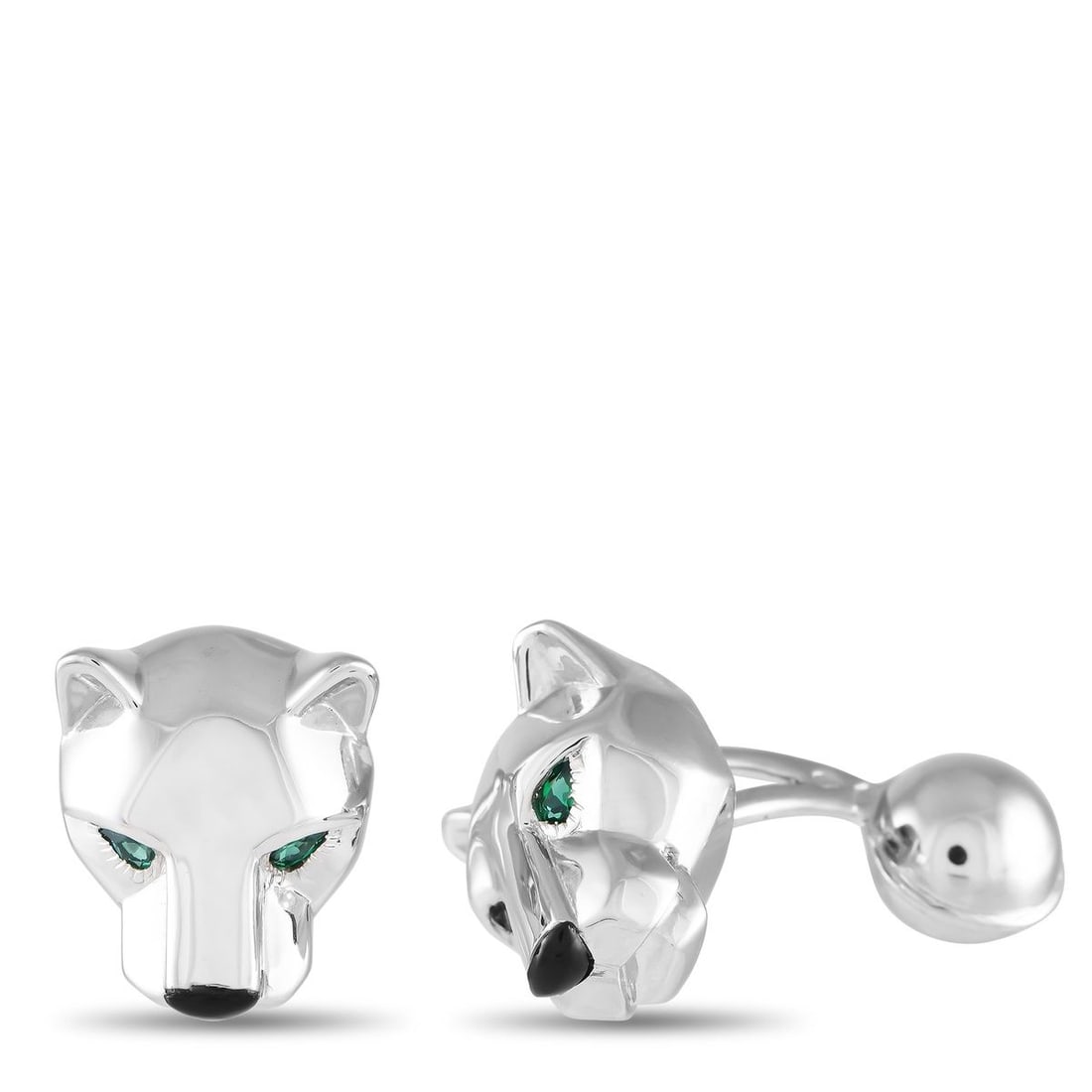 CARTIER PANTHERE 18K WHITE GOLD CUFFLINKS: These Cartier Panthere cufflinks will instantly elevate any suited ensemble. Sleek and stylish, the luxury brands iconic panther comes to life thanks to green gemstone eyes and other intricate details