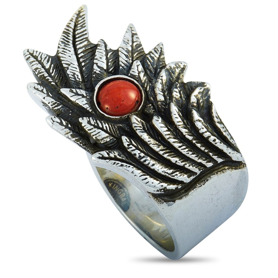 KING BABY RAVEN WING STERLING SILVER AND CORAL CABOCHON RING (1 of 6)